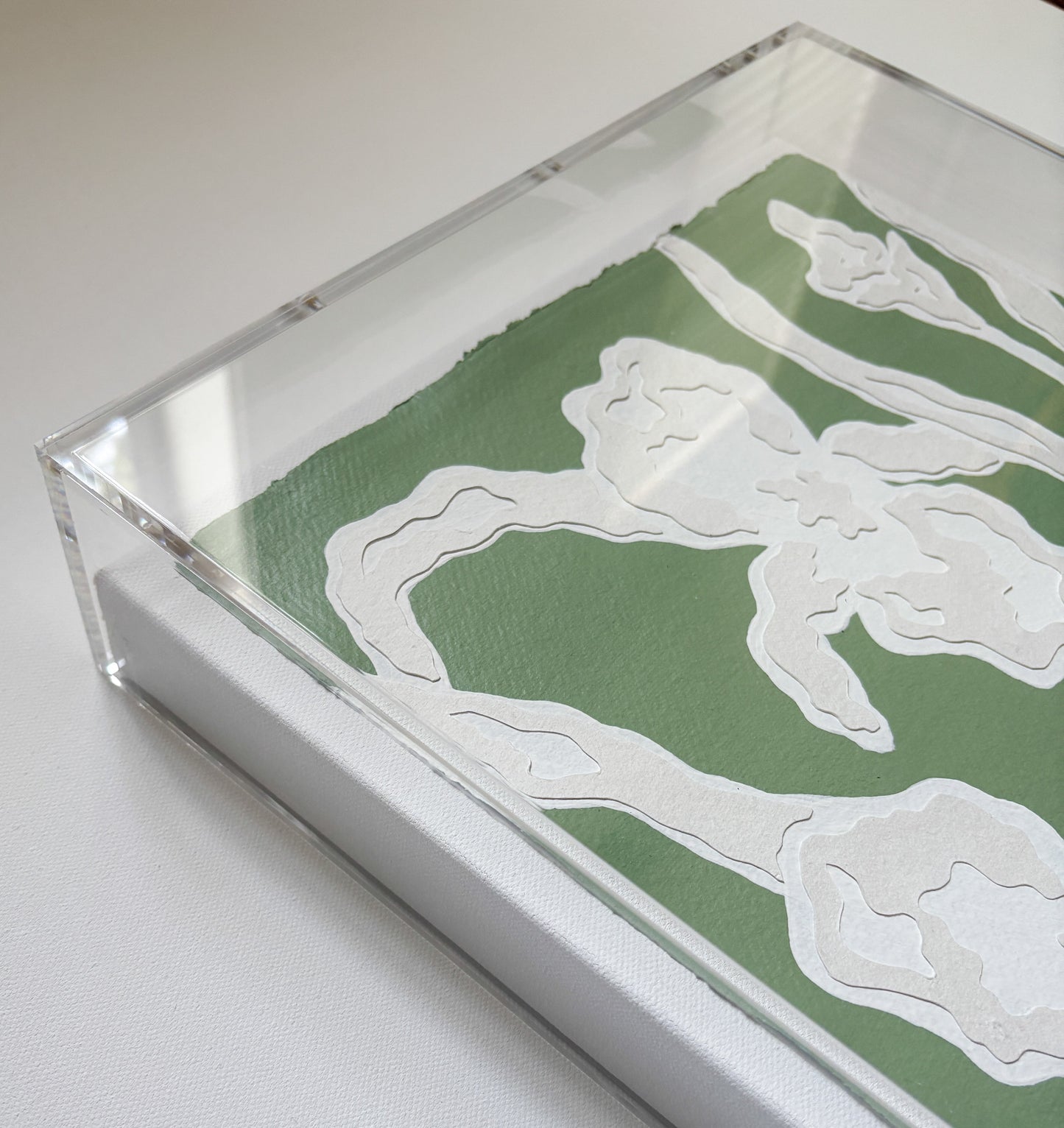 A botanical collage by Kendal Blanchard Art on cotton rag paper with white shapes on green, framed on a white surface.