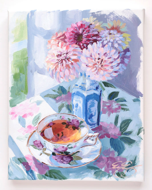Tea and dahlias in blue and white vase (No. 500) - 8 x 10 acrylic painting on canvas