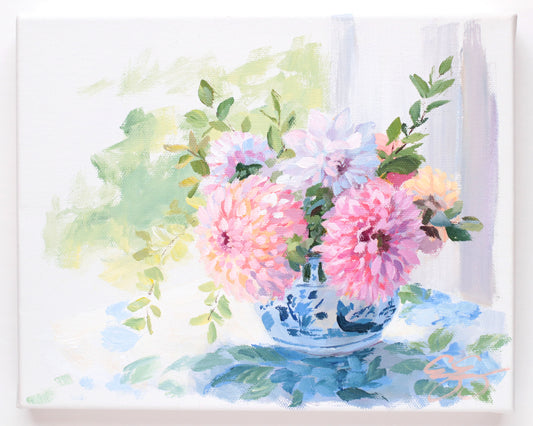 Dahlias in little ginger jar (No. 501) - 8 x 10 acrylic painting on canvas