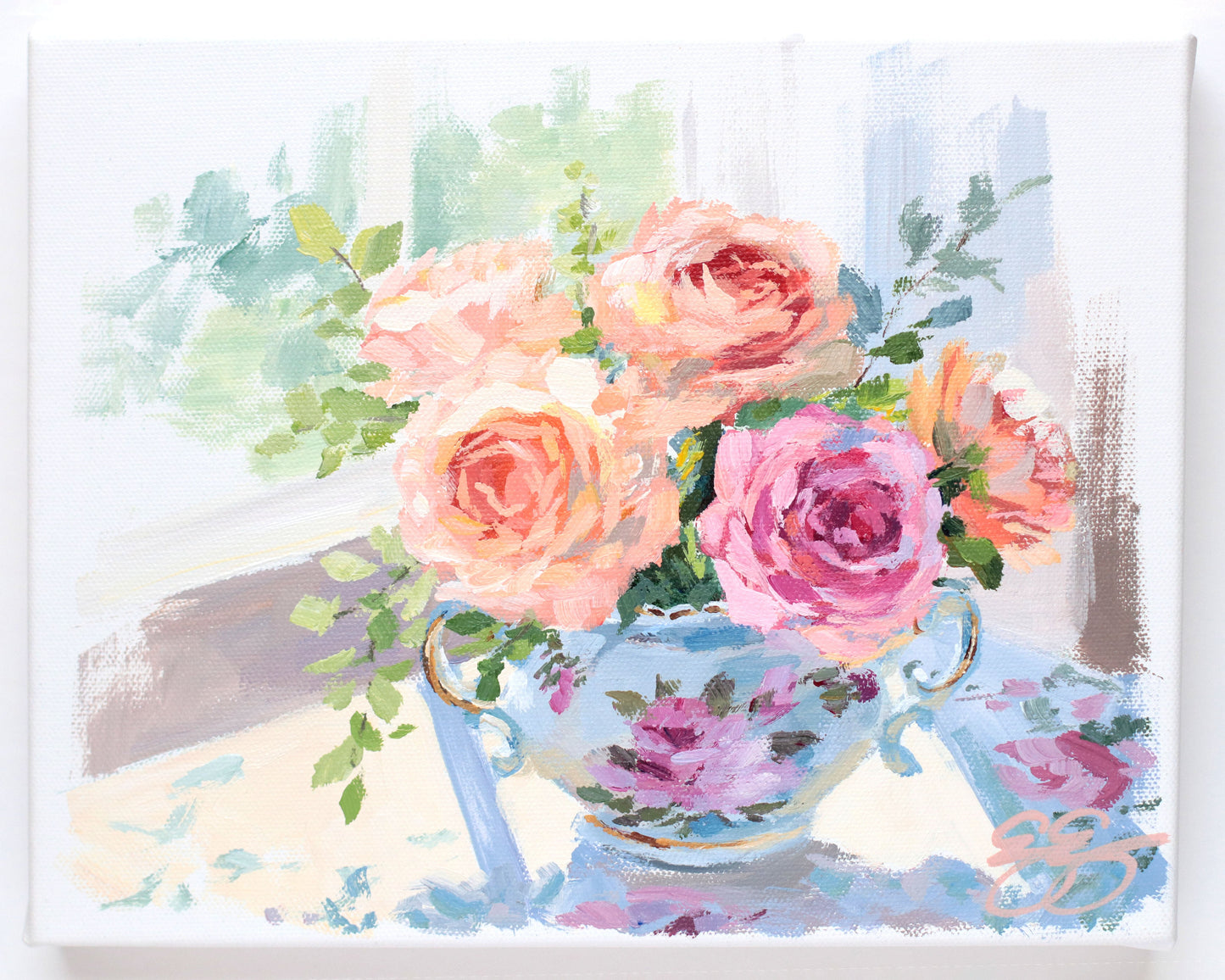Roses in sugar bowl (No. 502) - 8 x 10 acrylic painting on canvas