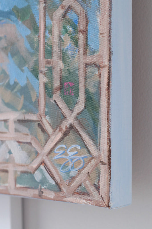 Close-up of a painted canvas corner by Elizabeth Alice Studio, with abstract patterns and Blue Willow-inspired marks.