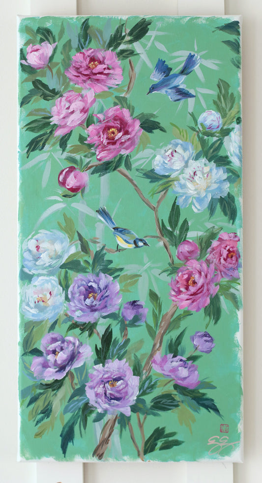 Elizabeth Alice Studio Chinoiserie painting with colorful flowers, green background, and two blue-yellow birds on branches.
