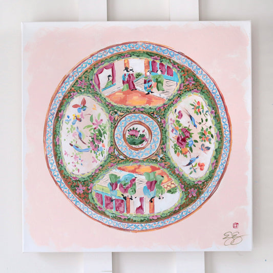 Elizabeth Alice Studio circular painting with floral patterns, people, and birds on pale pink, inspired by Rose Medallion plate.