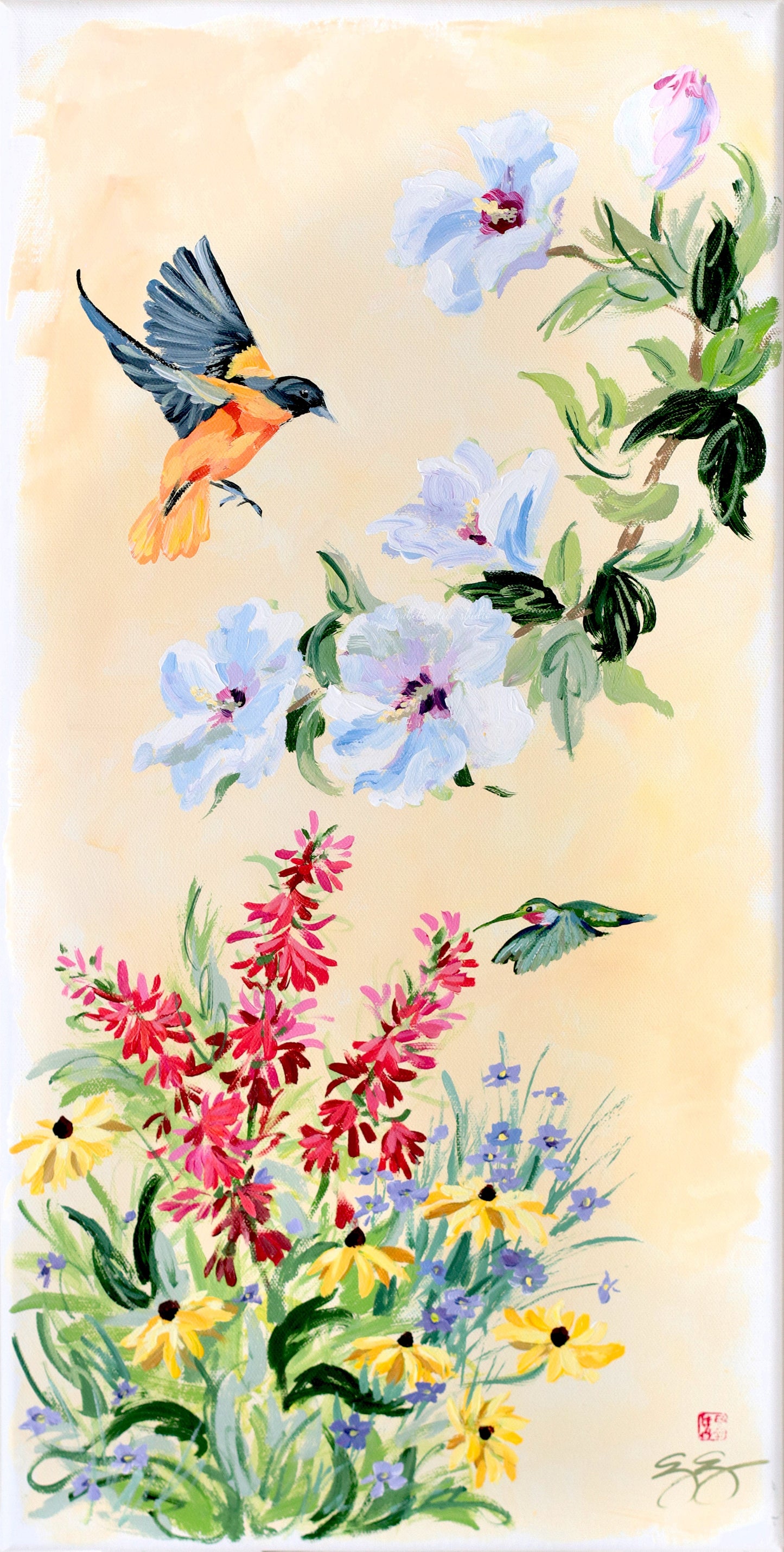 No. 516 Original chinoiserie painting of Maryland birds and flowers - 12 x 24