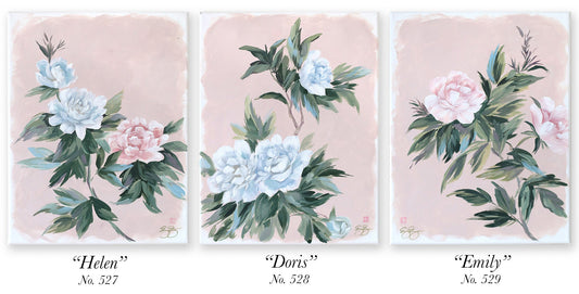 Three chinoiserie paintings by Elizabeth Alice Studio—“Helen,” “Doris,” and “Emily”—feature peonies on light backgrounds.
