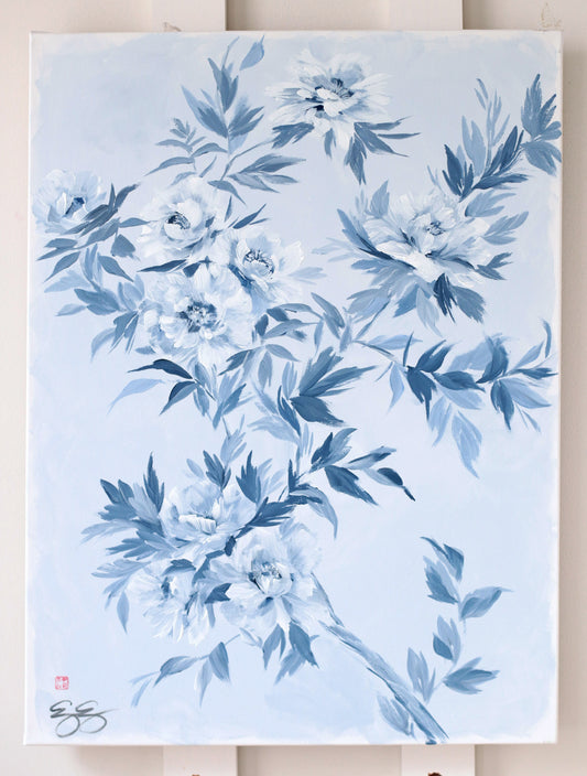 Elizabeth Alice Studio chinoiserie art with blooming blue flowers and leaves on a light background.