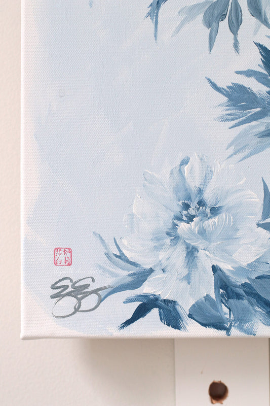 Elizabeth Alice Studio blue and white tree peonies chinoiserie canvas, signed, with a red stamp in the bottom left corner.