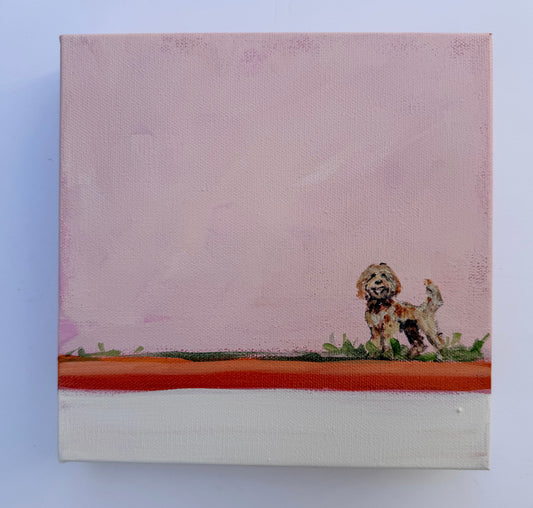 Original acrylic painting of a small brown dog standing in grass against a pink background.