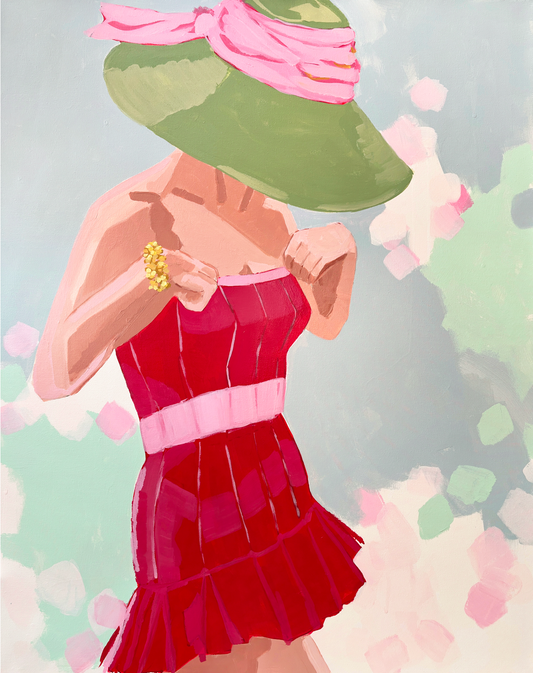 A woman in a pink dress and green hat adjusts her top; original art on canvas by Kristin Cooney Studio.