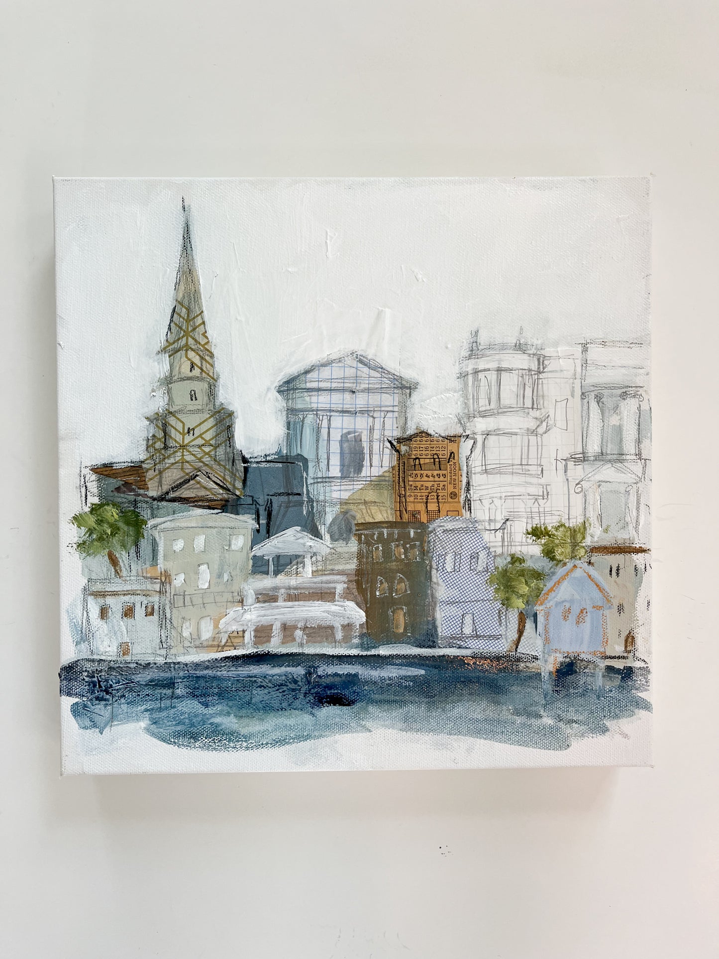 Christy Holmes mini acrylic painting of Charleston cityscape featuring colorful, loosely sketched buildings and trees.