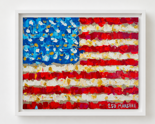 A vibrant patriotic American flag acrylic by Lauren Marshall Fine Art, bold brushstrokes, framed in white.