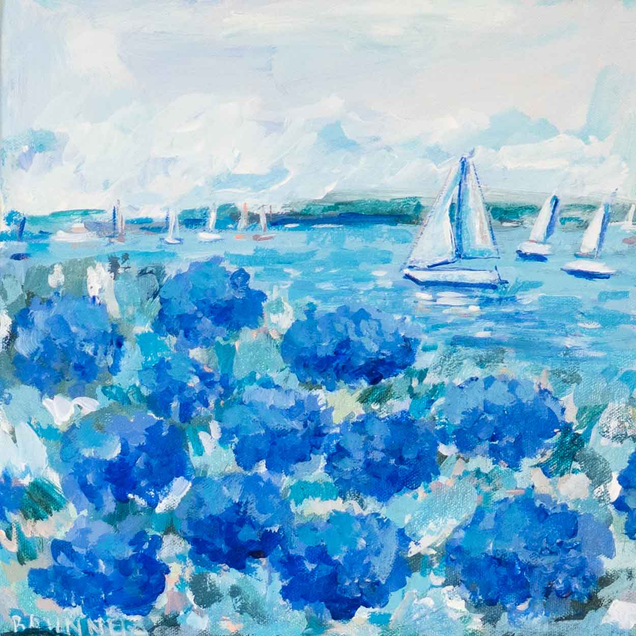 Michelle Brunner Impressionist art: blue hydrangeas with sailboats on a lake beneath a cloudy sky.
