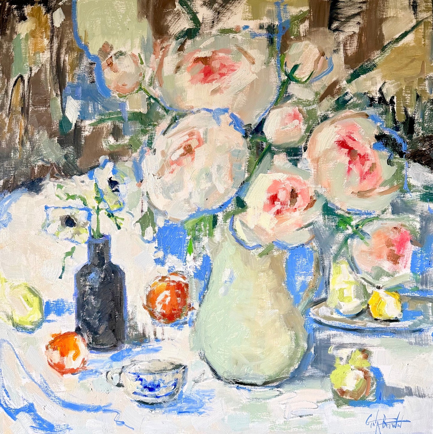 Gina Brown original artwork of pink peony oil paintings in a vase with fruit and a cup, in soft pastel colors.