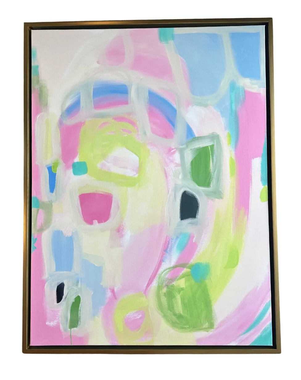 Kelsey Nichols Art framed acrylic painting with pink, green, blue & white shapes in a vibrant gold frame.