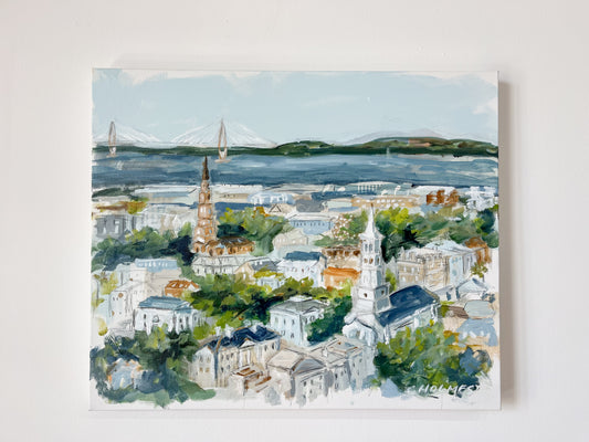 Christy Holmes Acrylic on Canvas, 20x24—cityscape with churches, trees, water, and a cable-stayed bridge.