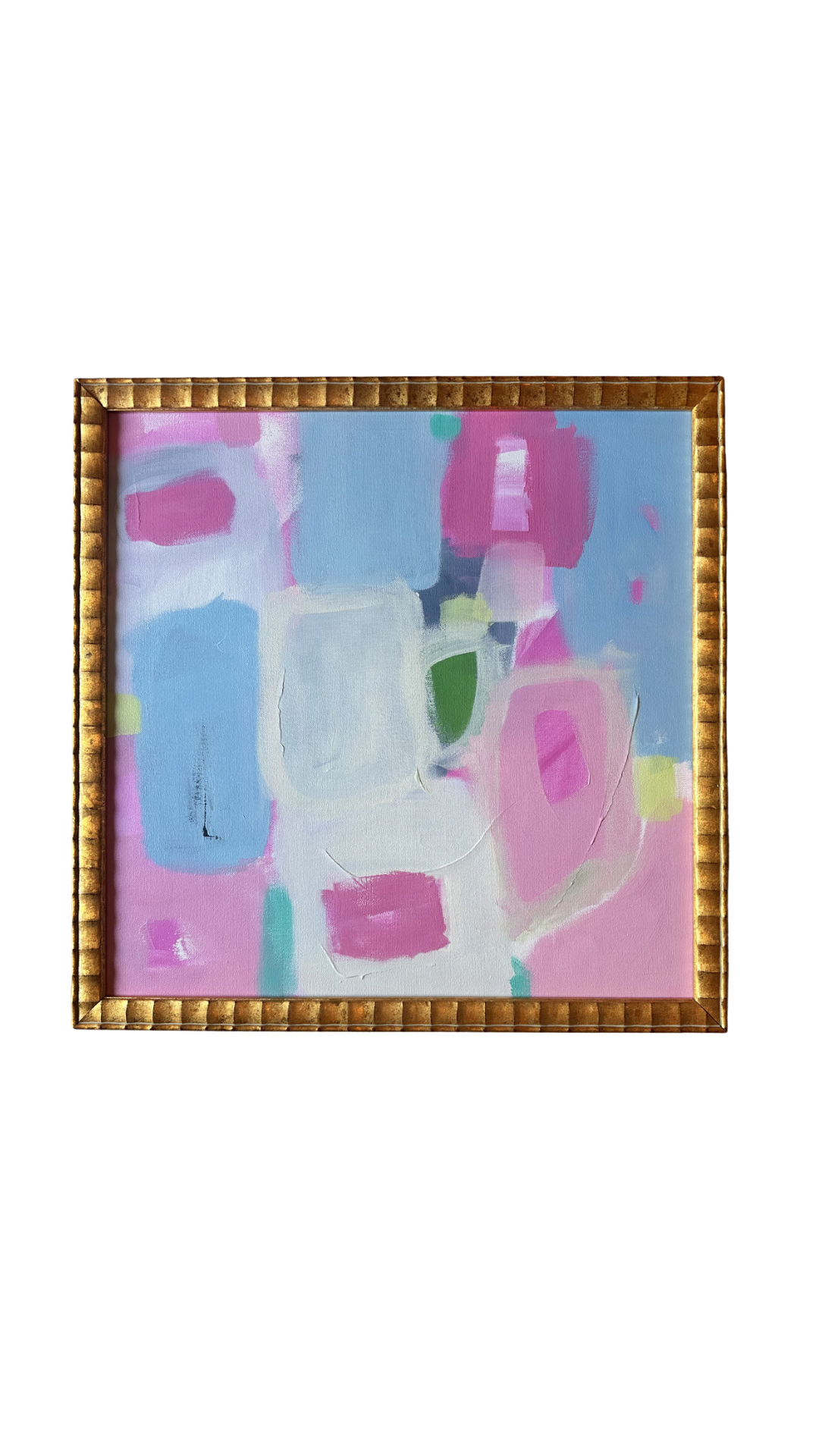 Framed acrylic painting by Kelsey Nichols Art with pastel pink, blue & white shapes from the candle lighter series.