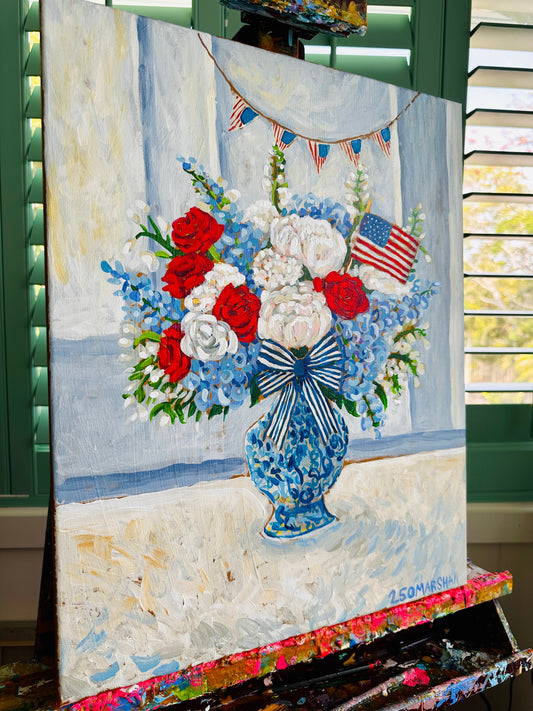 Lauren Marshall Fine Arts Fourth of July painting features a blue vase, patriotic flowers, flag, and festive bunting.