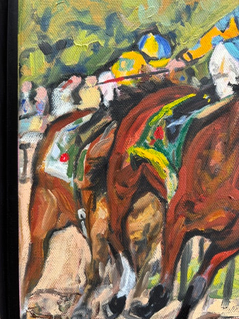 Catherine Husek oil painting: racehorses, riders in silks, blurred green; gold float frame.