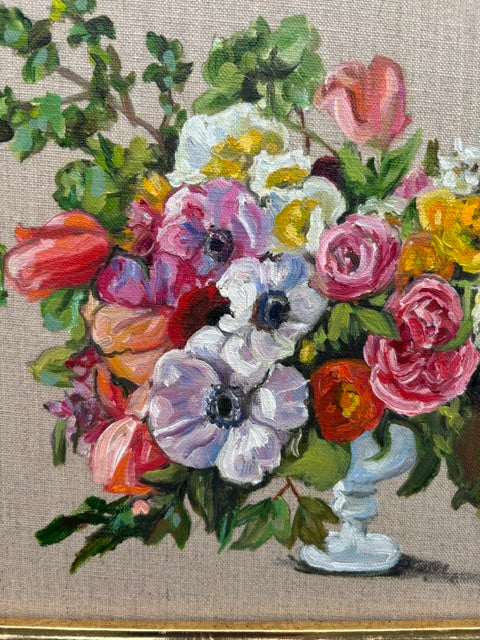 Catherine Husek: Colorful bouquet in white vase, painted on linen panel with vintage gold frame.