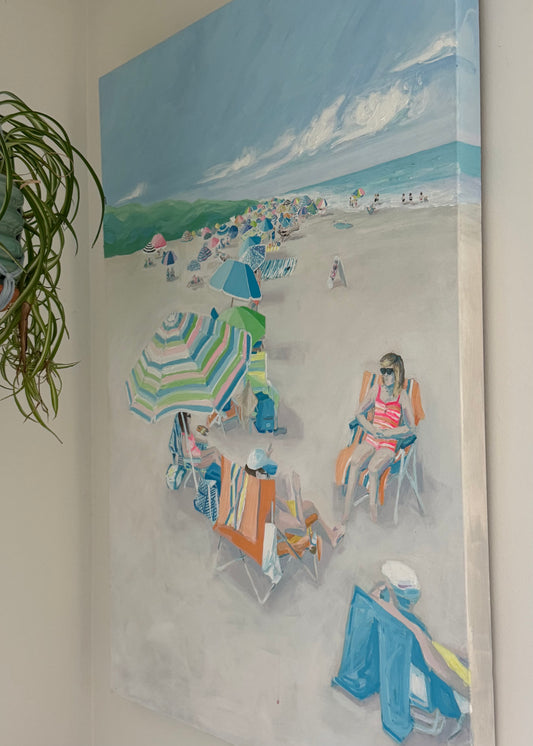 Original acrylic on canvas by Lauri Prins, 30x40 painting of a sunny beach with people under colorful umbrellas by the ocean.
