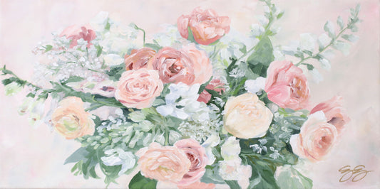 Elizabeth Alice pastel canvas art with pink roses and white flowers in a lush, soft floral bouquet.