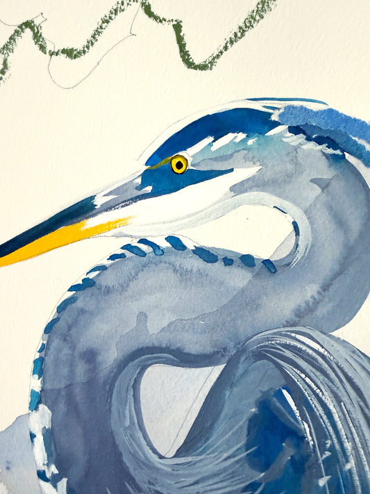 Watercolor painting of a great blue heron in profile, perfect as bird wall decor.