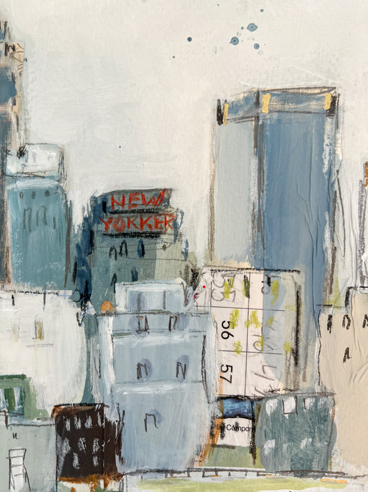 Christy Holmes acrylic on paper, 9x12 abstract NYC cityscape with tall buildings and a red NEW YORKER sign.