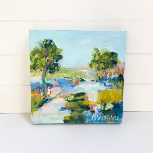 Pamela Wingard Fine Art coastal painting with two green trees and bold brushstrokes on square gallery canvas.