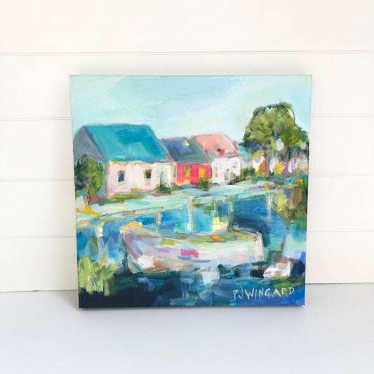 Colorful abstract coastal painting of houses and a boat by Pamela Wingard Fine Art, Vacation Groove Collection.