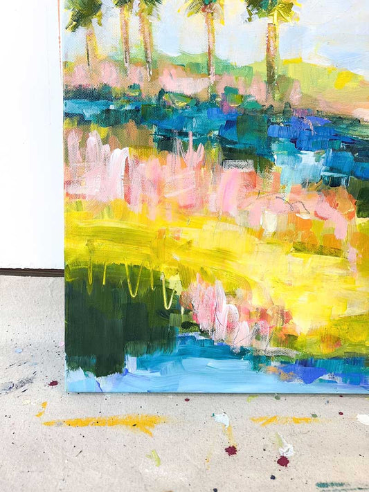 Colorful abstract coastal painting with bold brushstrokes in yellow, pink, blue, and green from the Surf’s Up collection.
