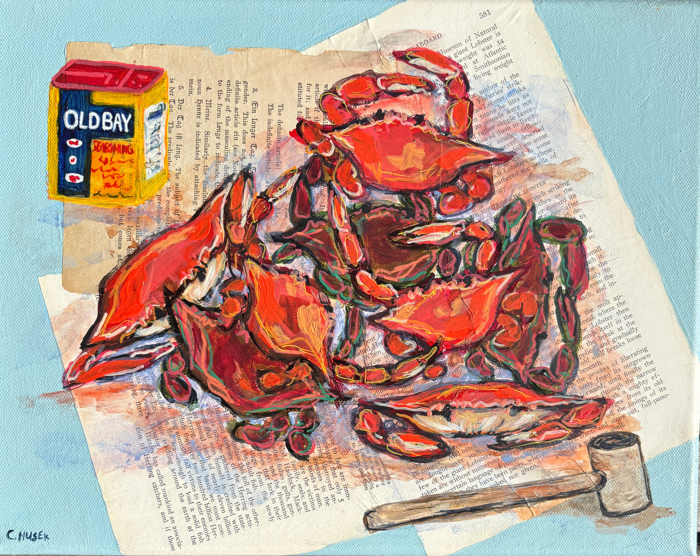 Catherine Husek coastal art of steamed crabs, Old Bay, a mallet, and book pages on a light blue background.