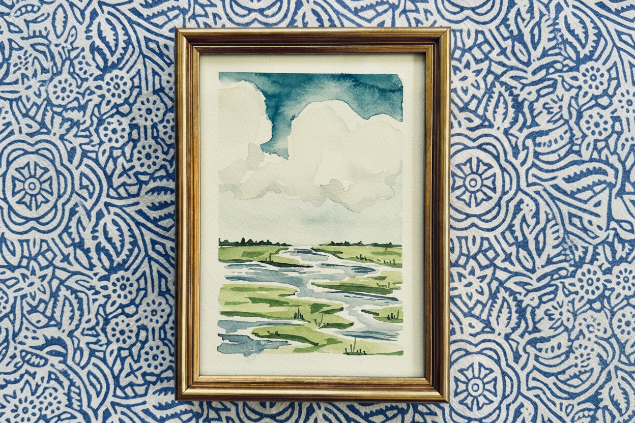 S Jane Hamilton framed original watercolor of a river landscape with clouds on blue and white patterned fabric.