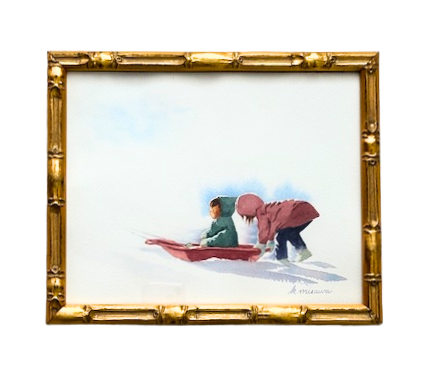 Keri Misawa wall decor: two kids in winter, one on a sled, the other pulling, both dressed in cozy coats.