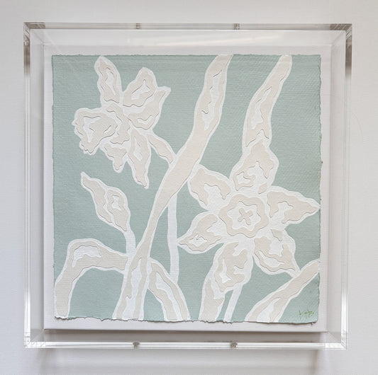 Collaged botanical art by Kendal Blanchard Art: two white outlined flowers on pale green cotton rag, in acrylic box frame.