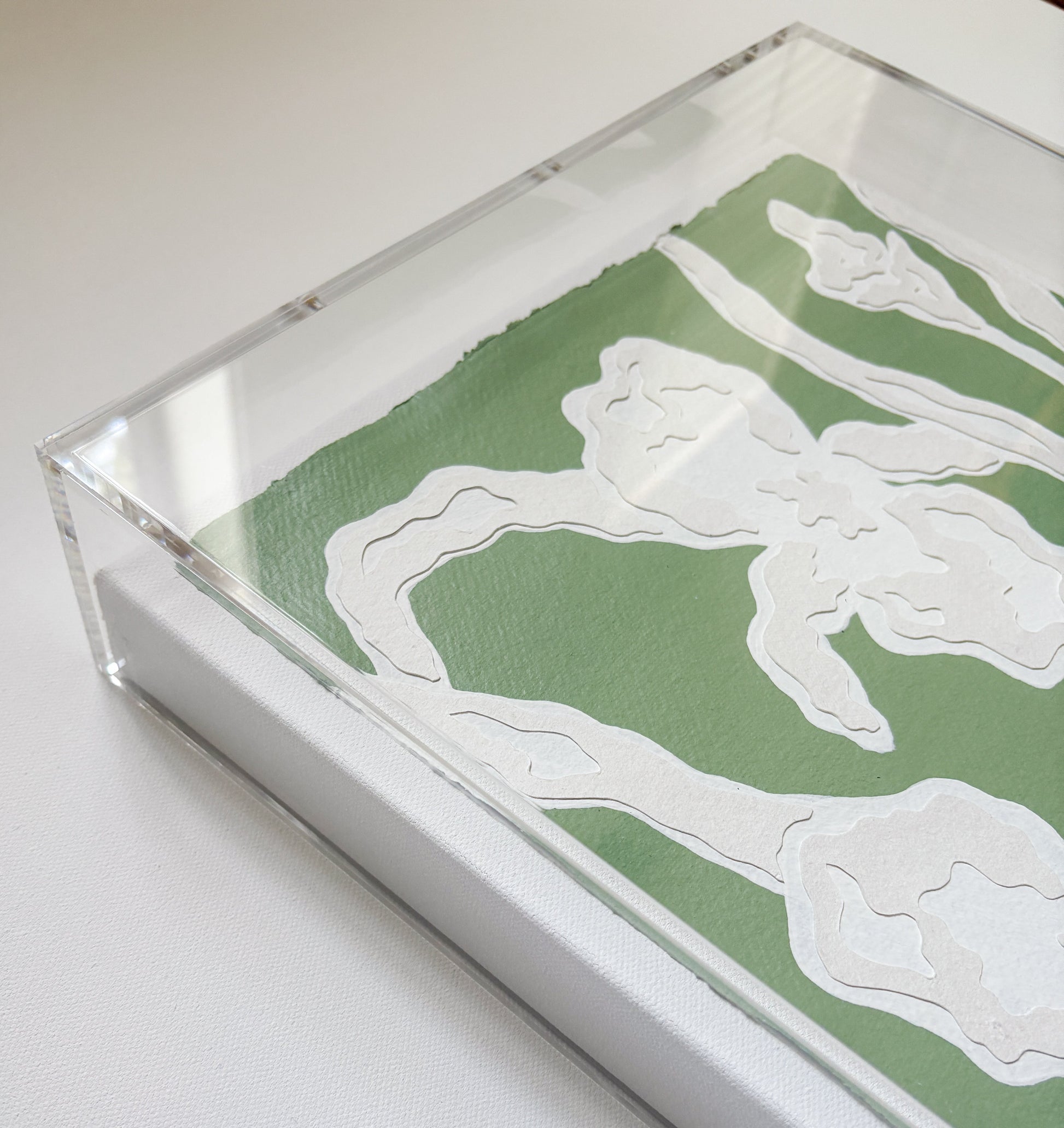 A green and white botanical collage by Kendal Blanchard Art in an acrylic box frame on a white surface.