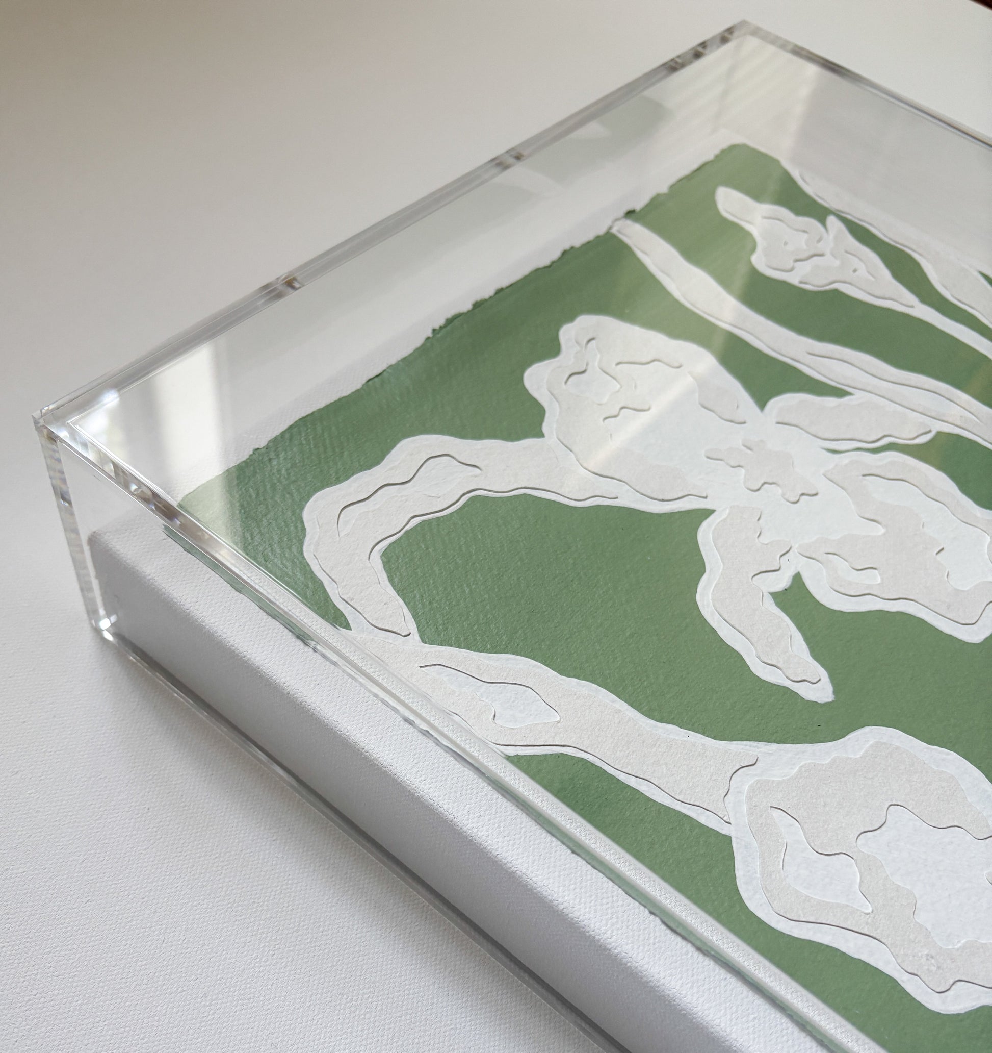 A botanical collage by Kendal Blanchard Art on cotton rag paper with white shapes on green, framed on a white surface.