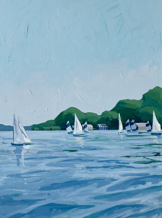 Lauri Prins original 18x24 acrylic: sailboats with white/blue sails on calm water and green hills.