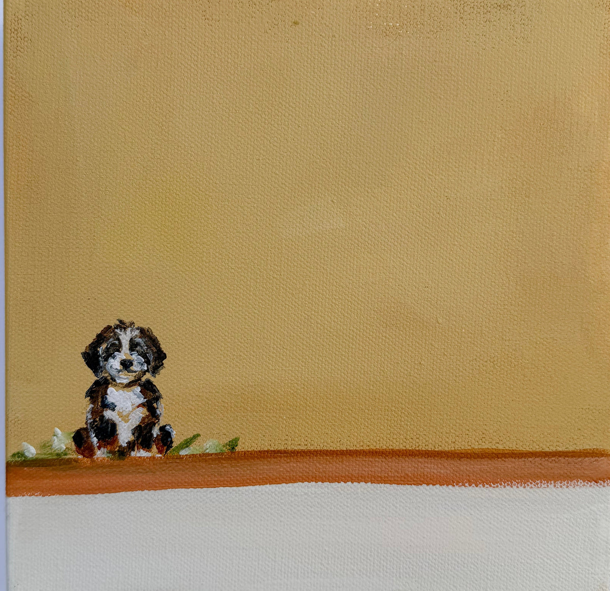 Acrylic dog painting of a small Bernese Mountain Dog puppy sitting on a brown and white floor against a tan wall.