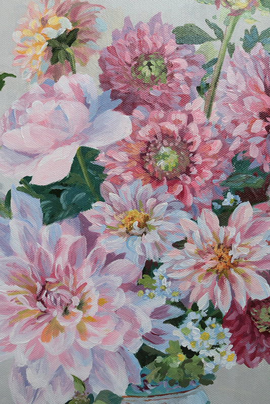 Elizabeth Alice acrylic on canvas painting of pink and white dahlias with green leaves in a vintage vase.