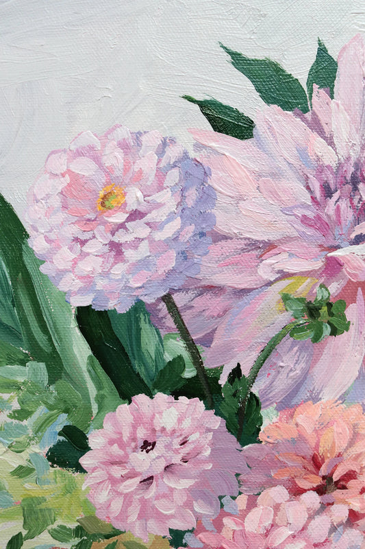 Elizabeth Alice acrylic on canvas painting featuring pink and purple dahlias with green leaves on a light background.