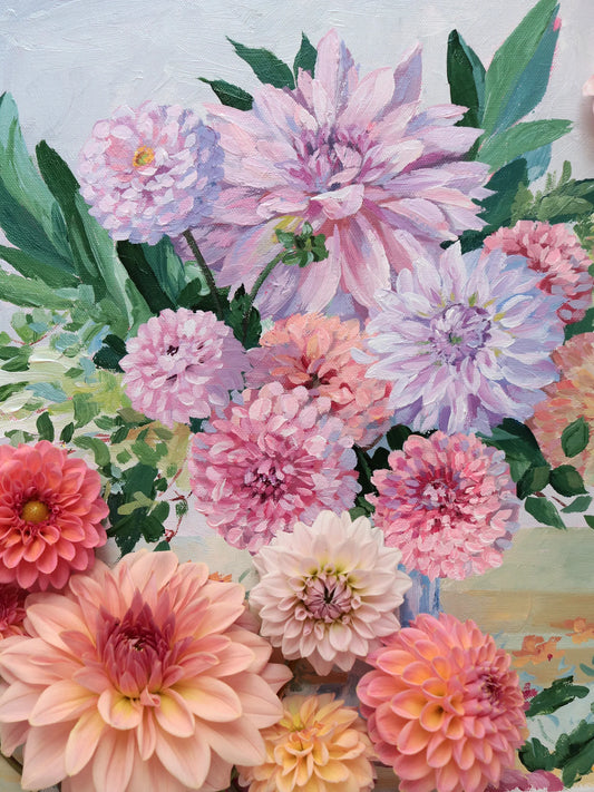 Elizabeth Alice bouquet of pink dahlias set before a floral backdrop, ideal as framed wall art or dahlia painting.
