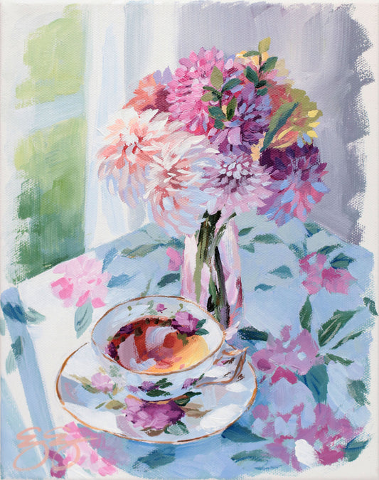 Tea and dahlias in pink vase (No. 499) - 8 x 10 acrylic painting on canvas