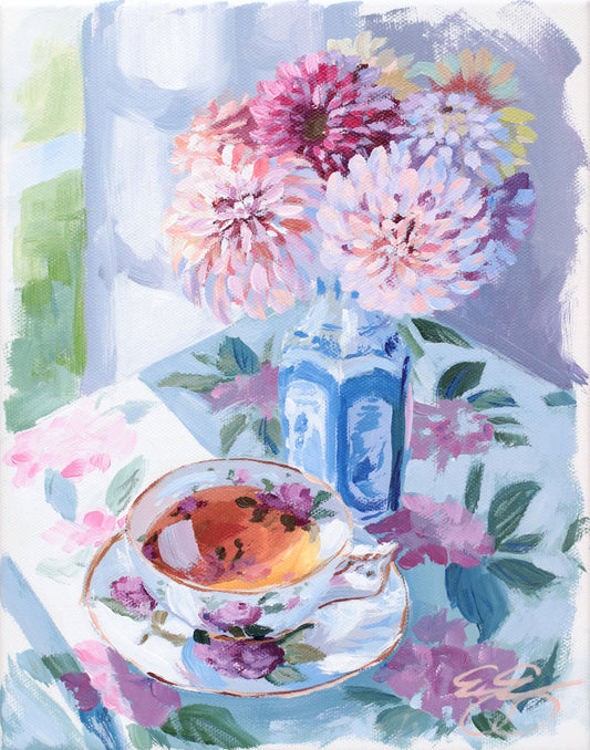Tea and dahlias in blue and white vase (No. 500) - 8 x 10 acrylic painting on canvas