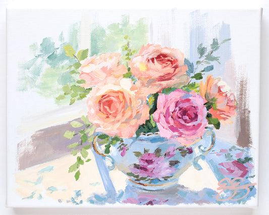 Roses in sugar bowl (No. 502) - 8 x 10 acrylic painting on canvas
