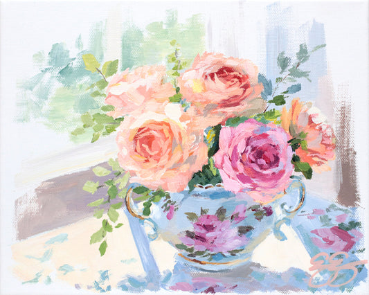 Roses in sugar bowl (No. 502) - 8 x 10 acrylic painting on canvas