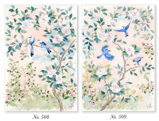 Elizabeth Alice Studio Chinoiserie art: blue birds on branches with pink & white peonies, apple blossoms, Nos. 508 & 509.