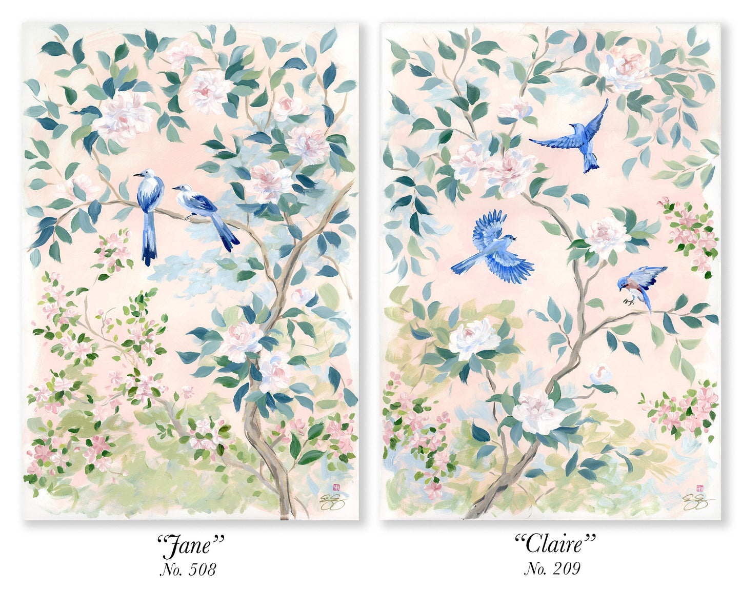 Two chinoiserie paintings by Elizabeth Alice Studio feature blue birds, pink peonies, and green leaves; titled Jane & Claire.