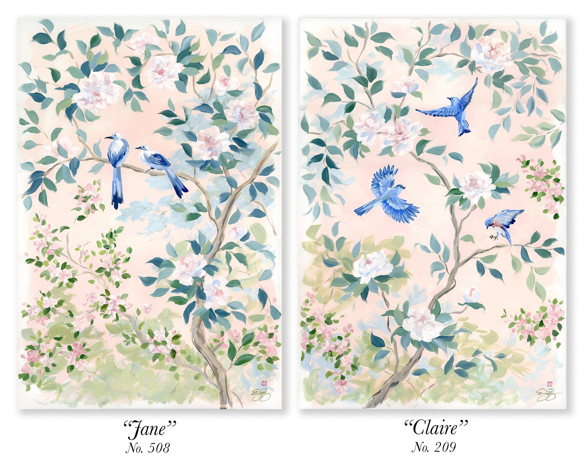 Two chinoiserie paintings by Elizabeth Alice Studio feature blue birds, pink peonies, and green leaves; titled Jane & Claire.