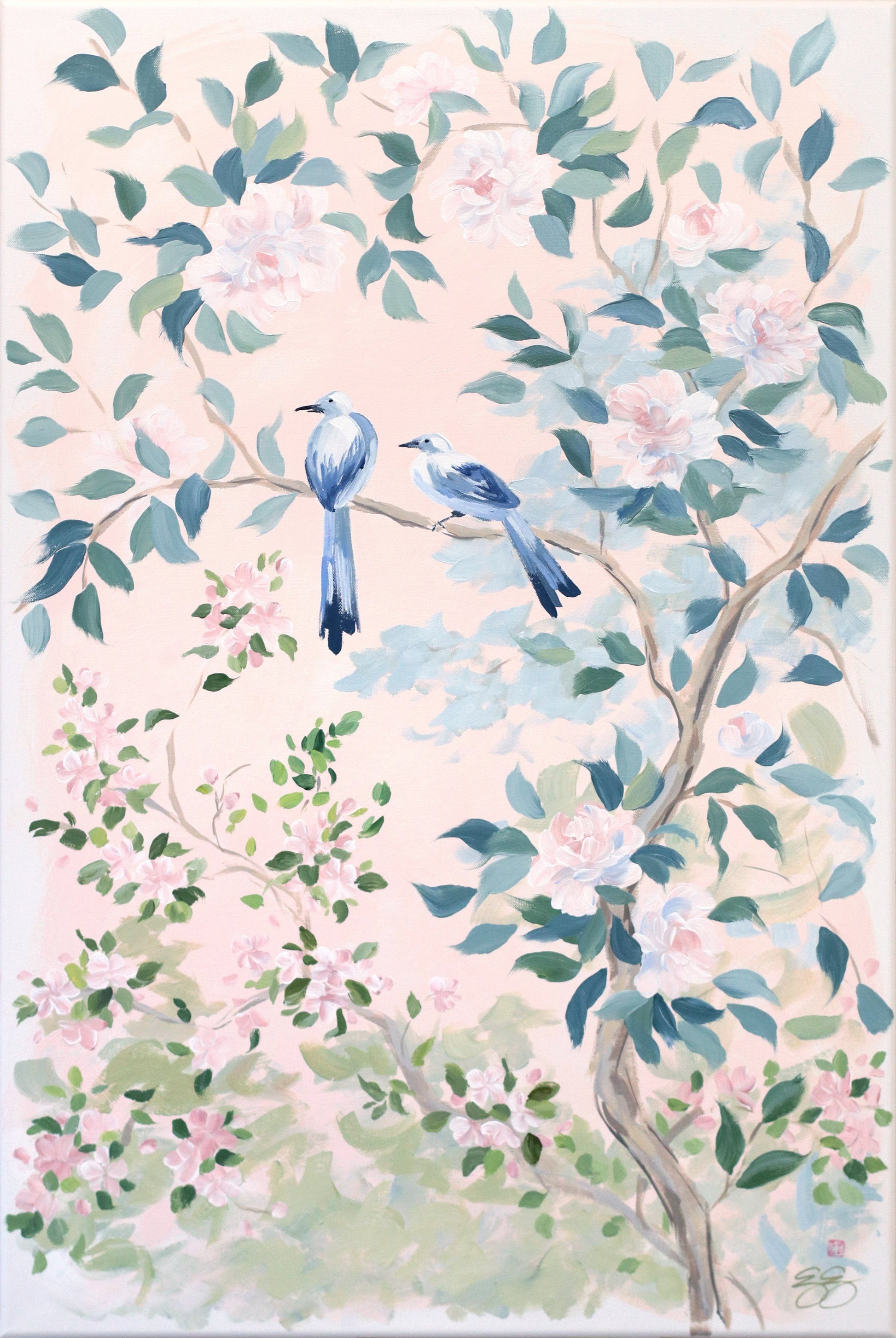 Two blue birds perch on a branch with peonies, from Elizabeth Alice Studio, against a pastel background.