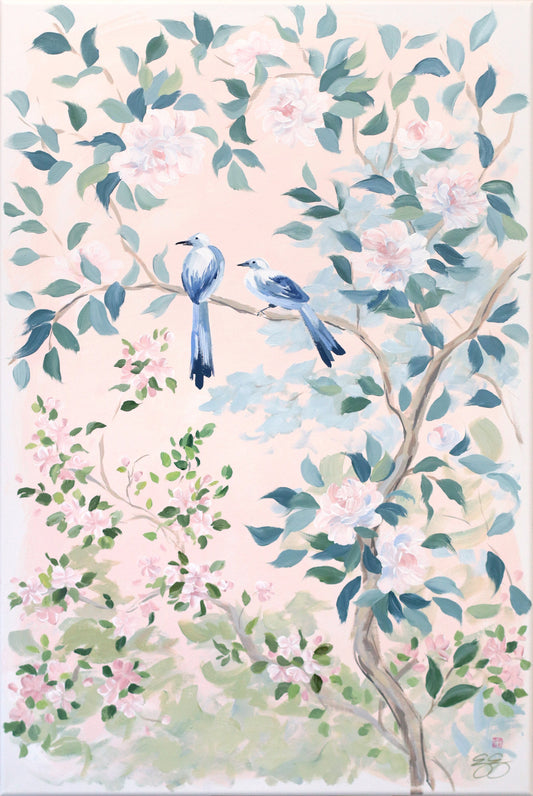 Two blue birds perch on a branch with peonies, from Elizabeth Alice Studio, against a pastel background.